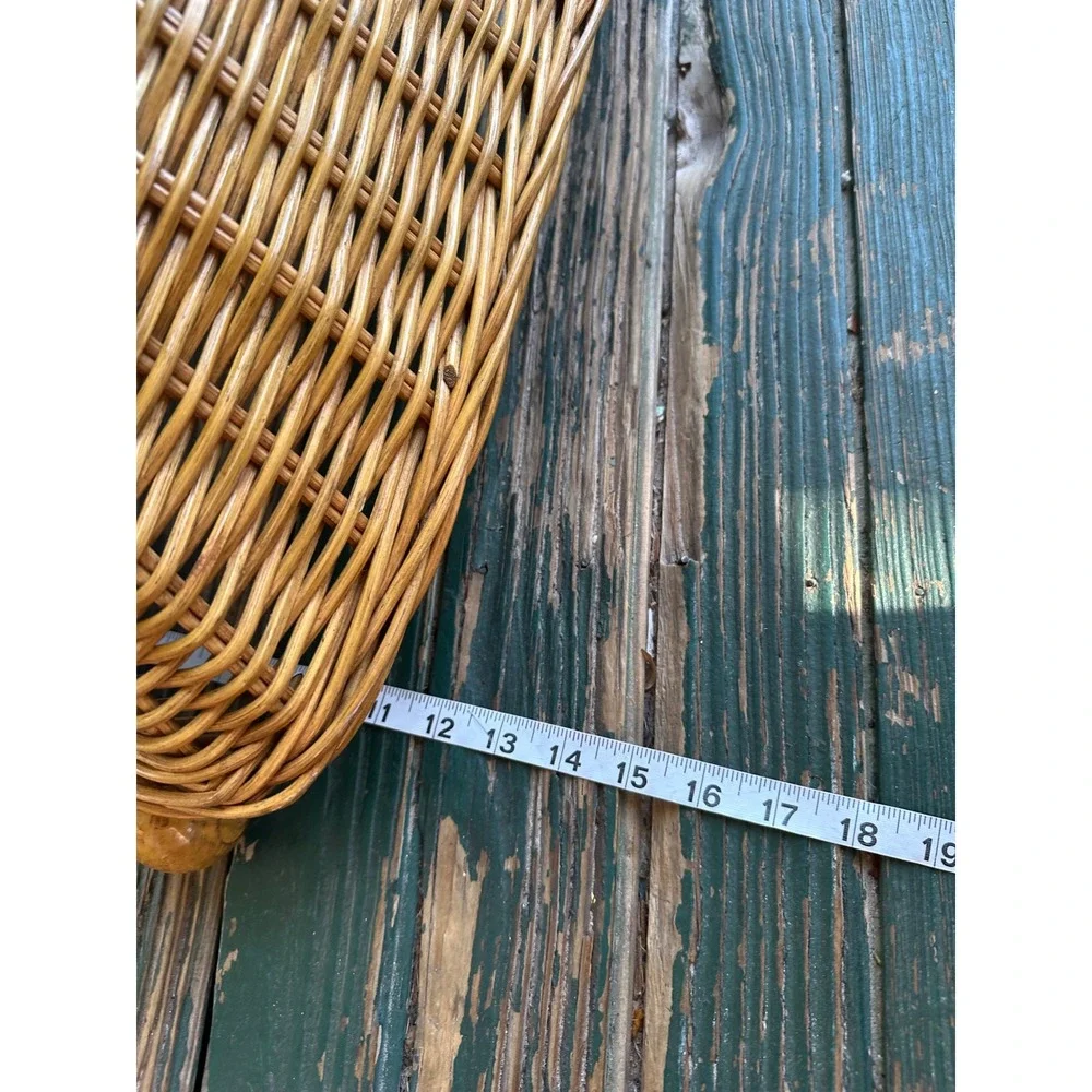 Vintage Wicker Storage Basket Wood Slat Bottom Chunky Handles Indonesia 18x11x7